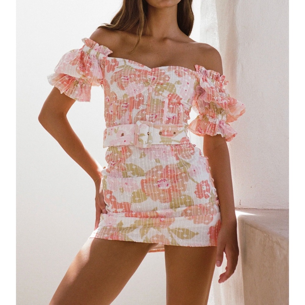 Sabo Genevive Corset Floral Mini Dress Size Small Offshoulder Ruffle Coquete